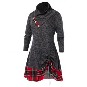 

Plus Size Asymmetrical Plaid Patched T Shirt, Ash gray