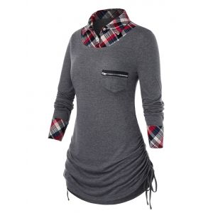 

Plus Size Plaid Panel Shirt Neck Drawstring Top, Gray