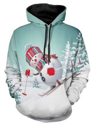 Skiing Snowman Print Christmas Casual Hoodie