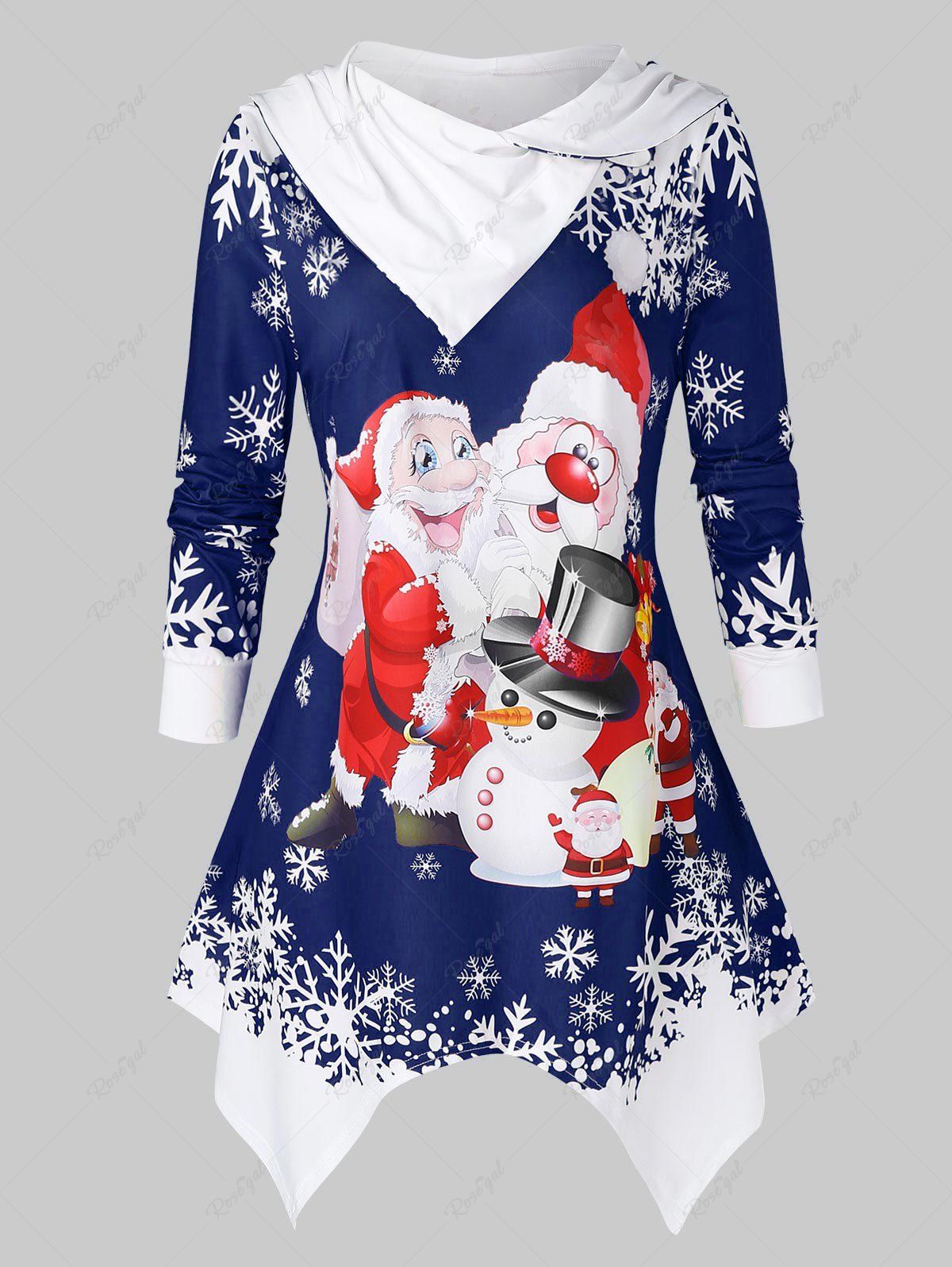 

Plus Size Christmas Santa Claus Printed Hoodie, Deep blue