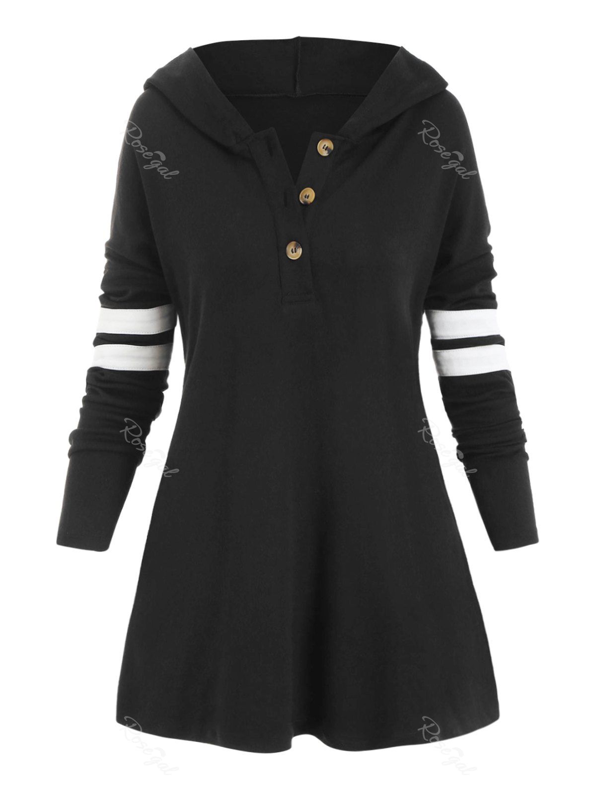

Plus Size Striped Trim High Low Hooded T Shirt, Black