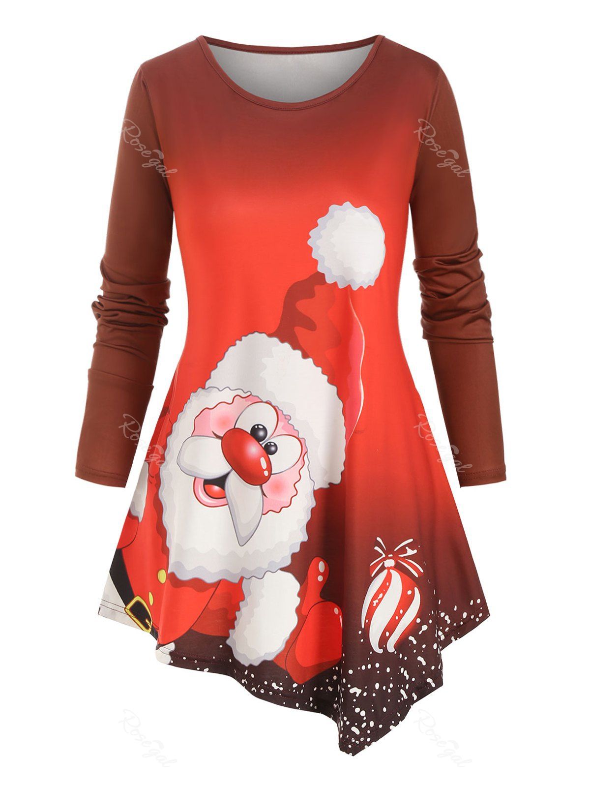 

Christmas Santa Claus Printed Asymmetrical Plus Size Top, Red