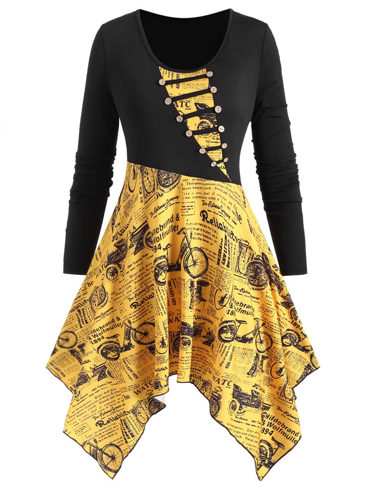

Plus Size Newspaper Print Buttoned Handkerchief Top, Yellow