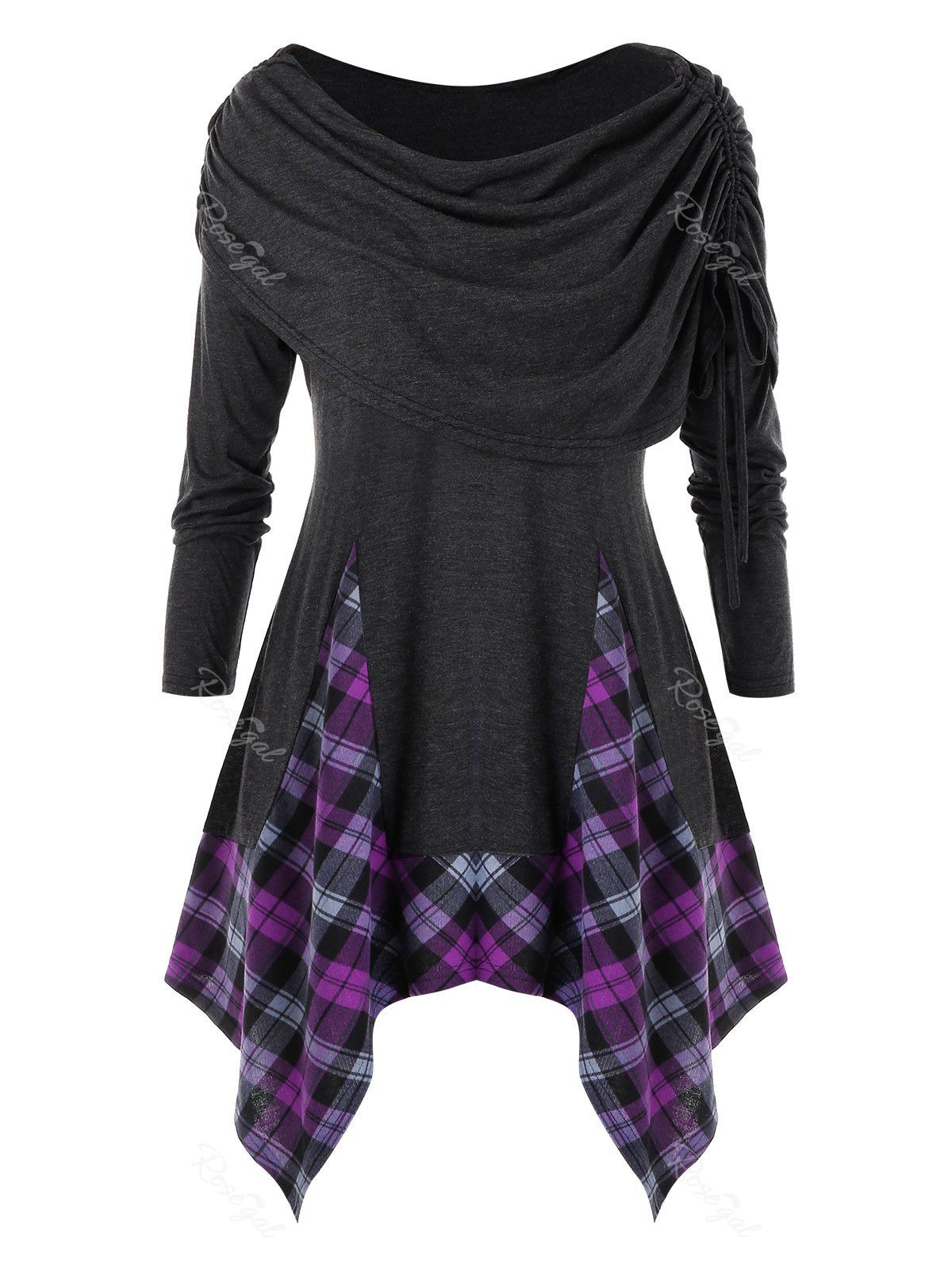 

Plus Size Foldover Cinched Asymmetrical Plaid Ruched Tee, Dark gray