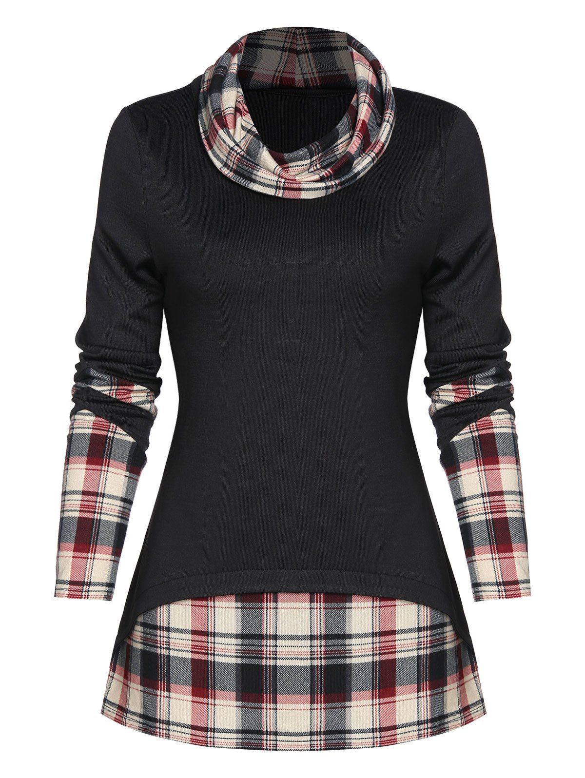 Hot Plaid Print Back Slit Faux Twinset Pullover Sweater  