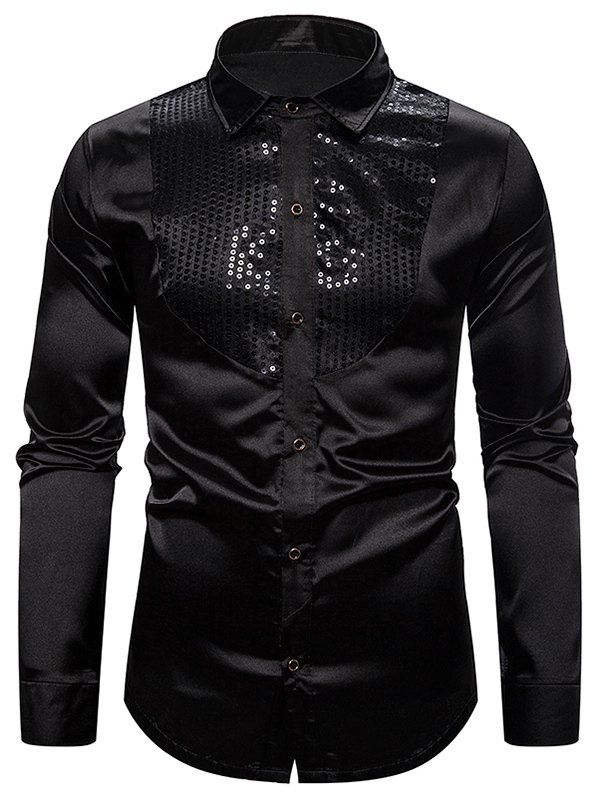 

Glitter Sequins Insert Button Up Shirt, Black