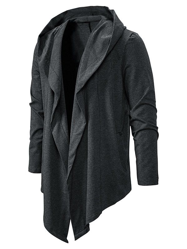 

Plain Open Front Hooded Asymmetric Jacket, Dark gray