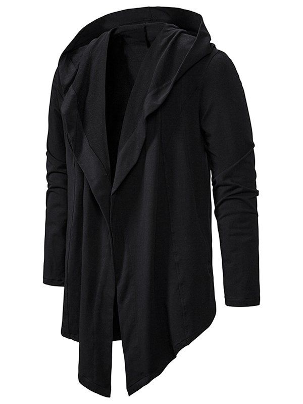 

Plain Open Front Hooded Asymmetric Jacket, Black