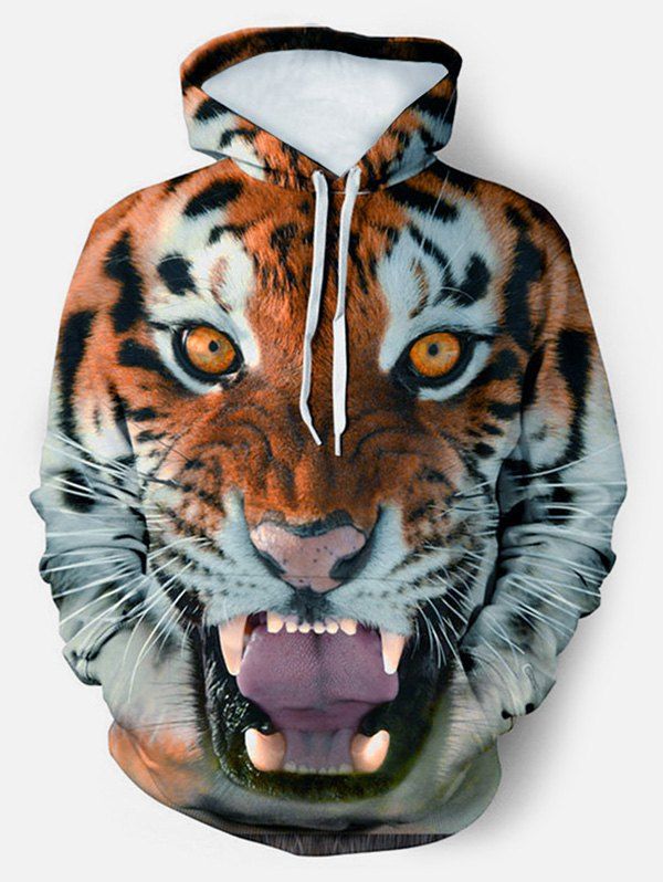 

3D Tiger Graphic Front Pocket Drawstring Hoodie, Multi