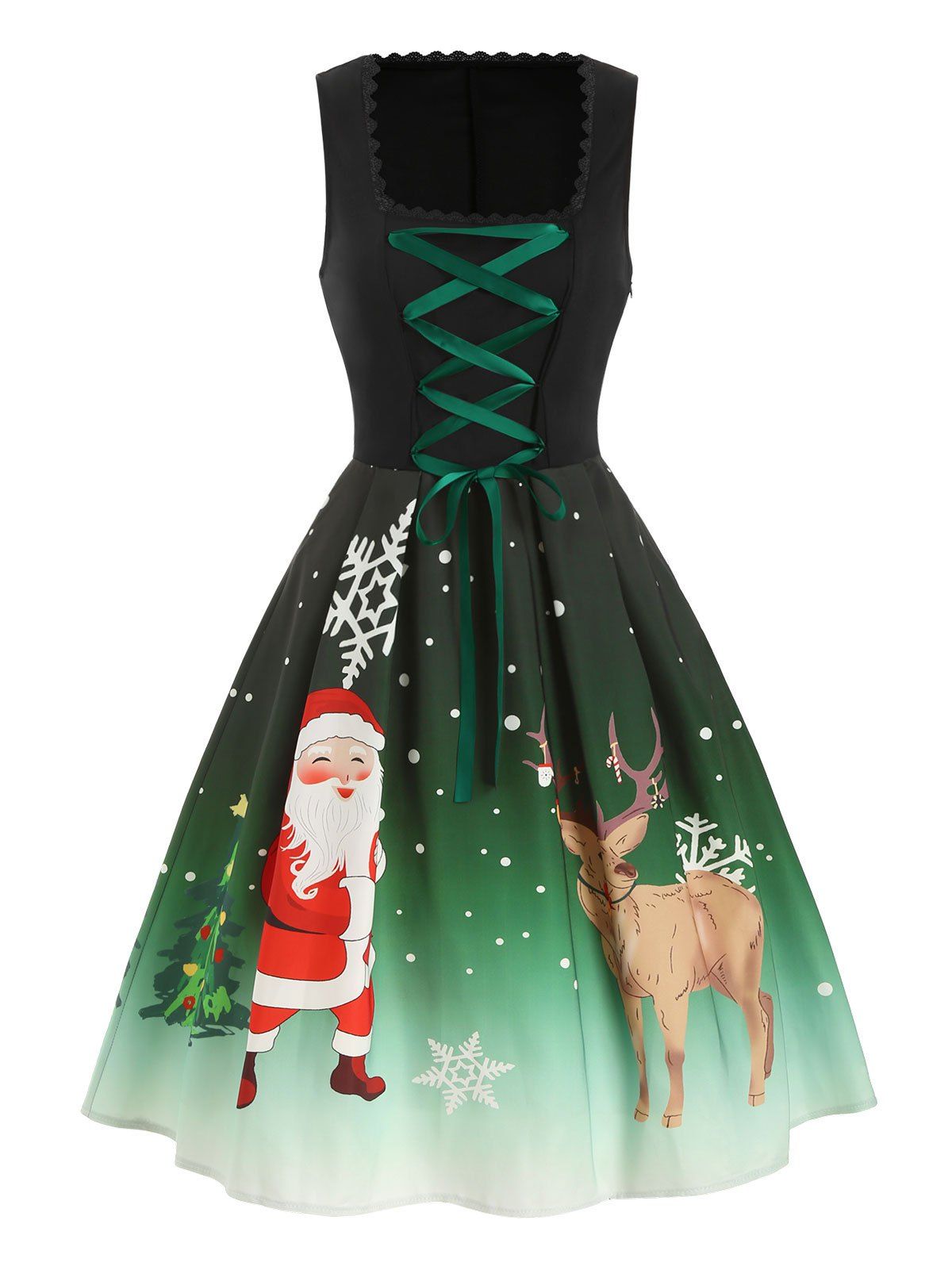 

Christmas Santa Claus Elk Lace Up Sleeveless Dress, Deep green