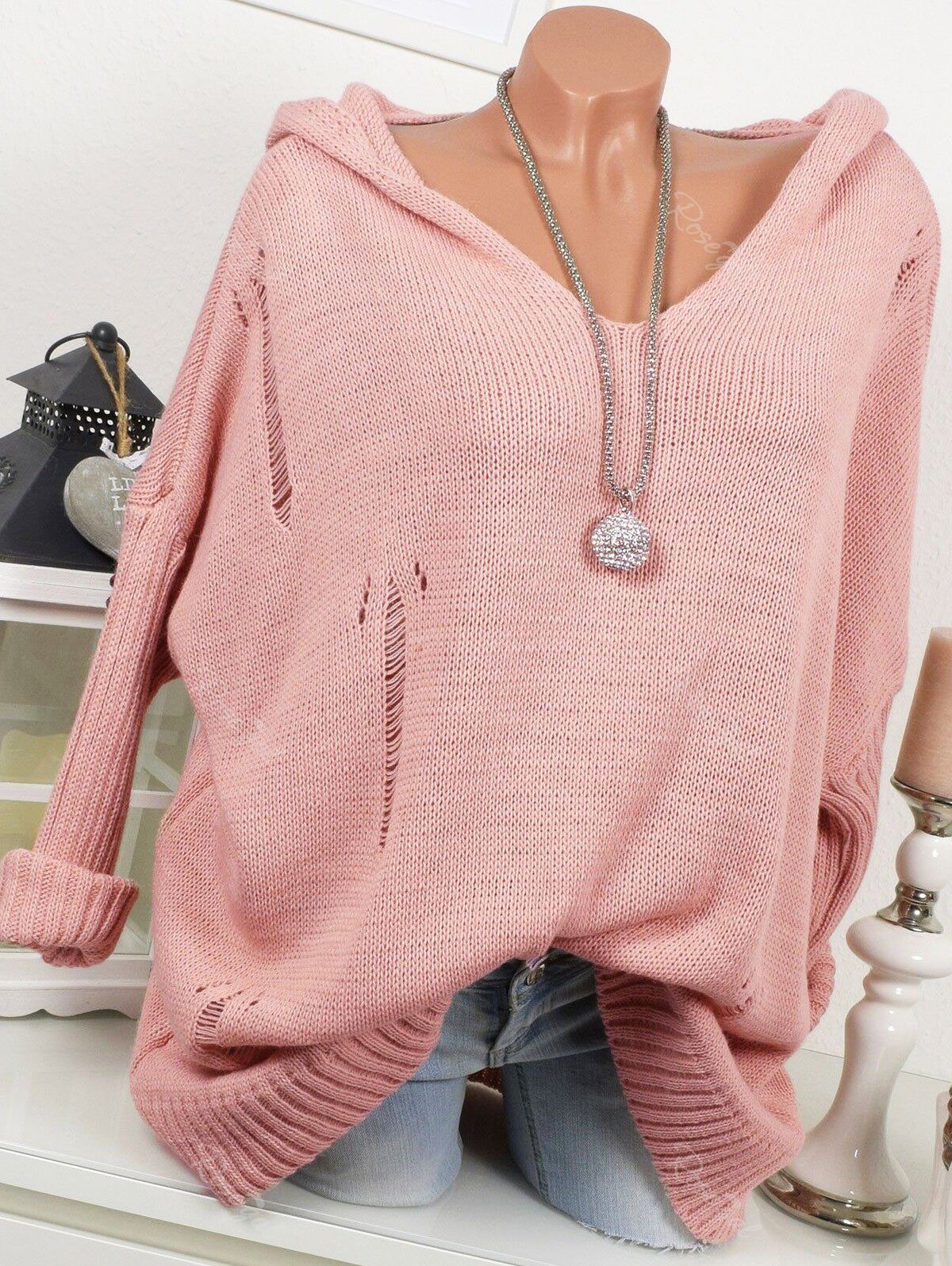 

Plus Size Ripped Hooded Jumper, Pink