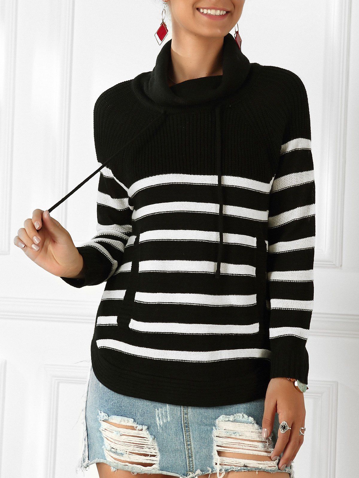 

Striped Front Pocket Drawstring Sweater, Black