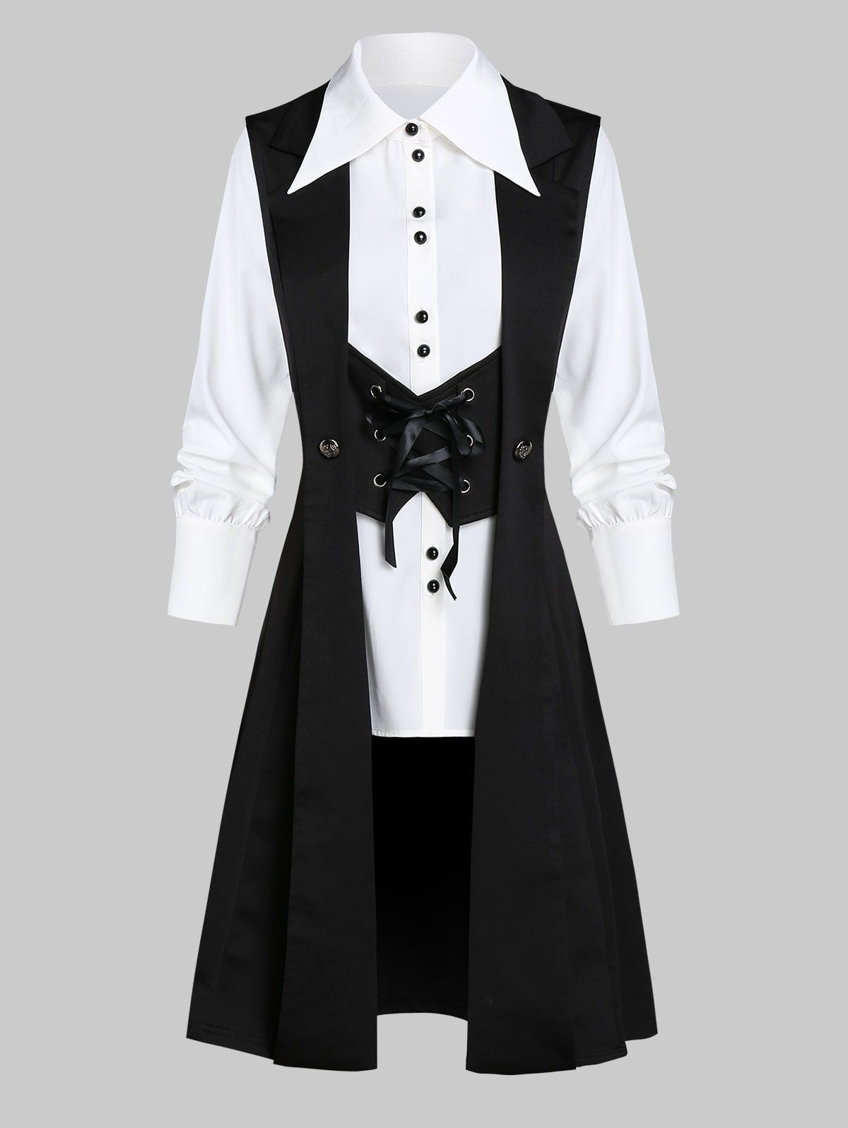 

Button Up Shirt and Button Embellished Lace-up Skirted Vest, Black
