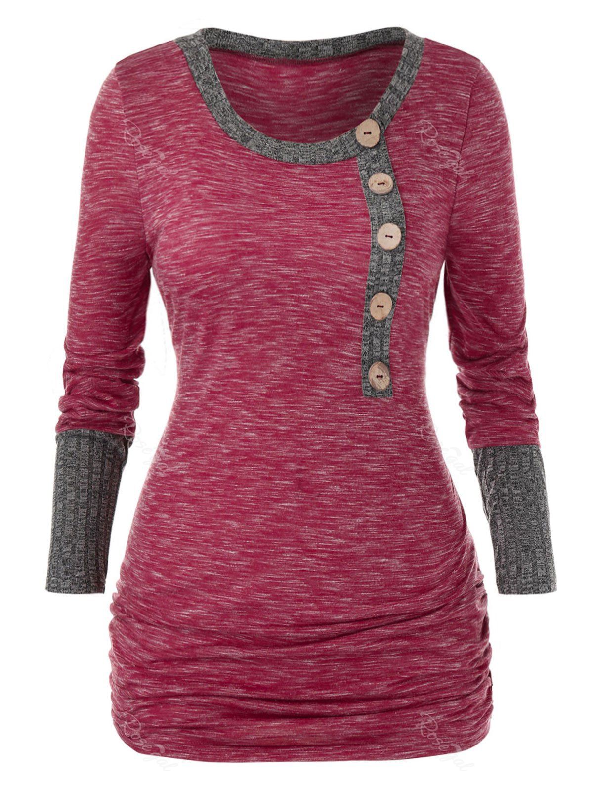 

Plus Size Contrast Trim Ruched Space Dyed T Shirt, Red wine