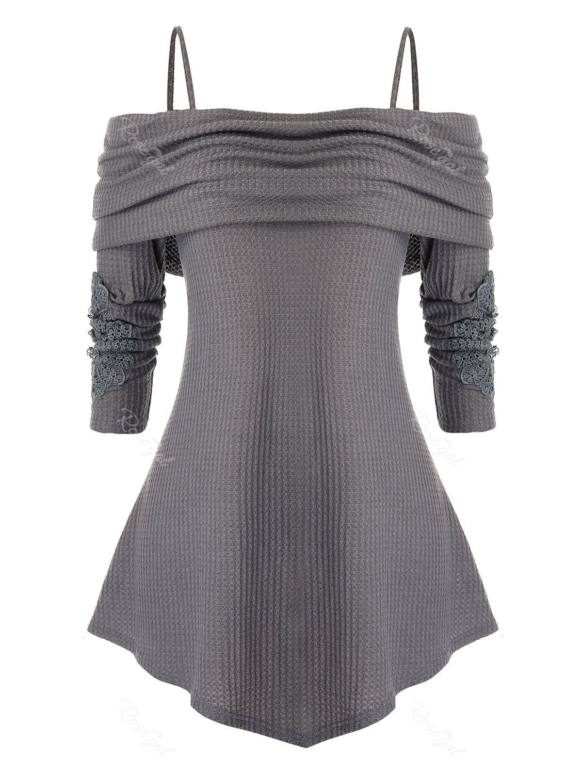 

Plus Size Lace Insert Open Shoulder Fold Over Knitwear, Battleship gray