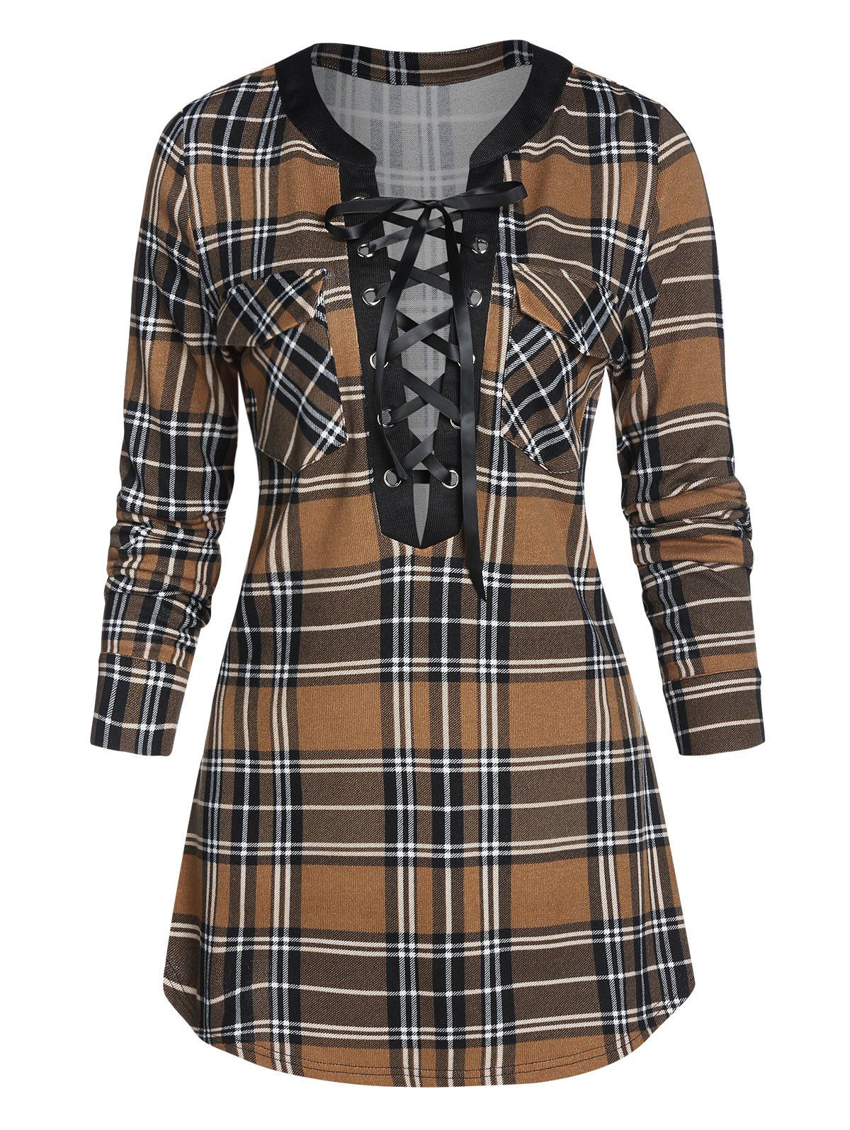 

Plaid Print Lace-up Double Pockets Plunge Neck T-shirt, Brown bear