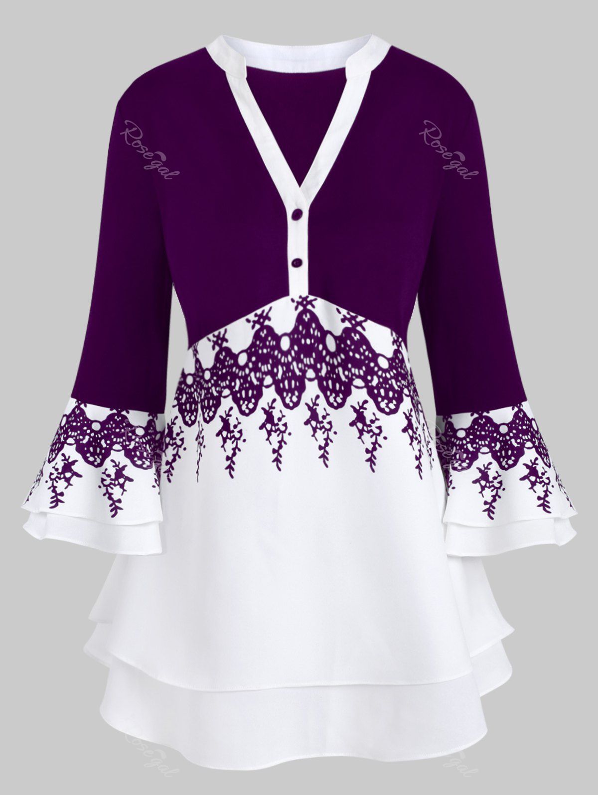 

Two Buttoned Flare Sleeve Layered Printed Plus Size Blouse, Purple