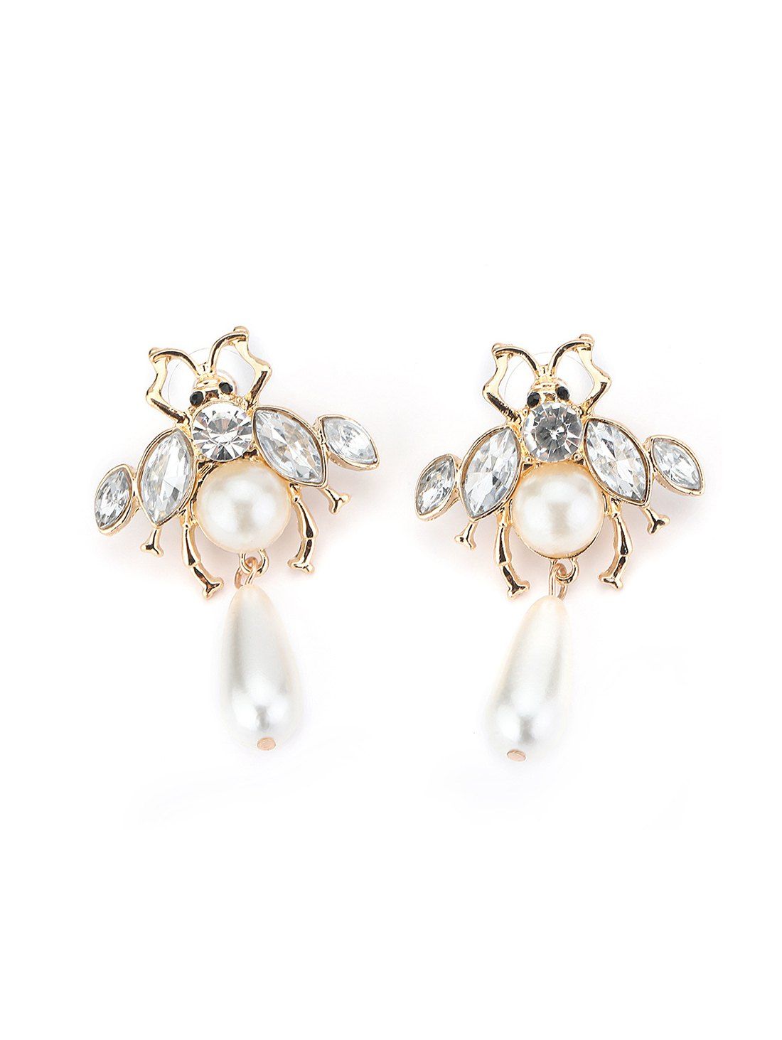 

Rhinestone Faux Pearl Insect Earrings, Gold