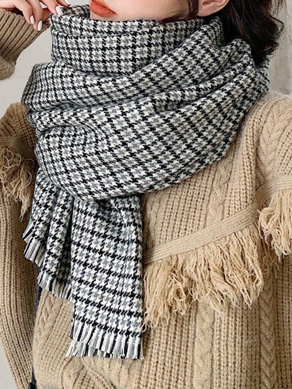 

Houndstooth Plaid Winter Fringe Knitted Scarf, Light gray