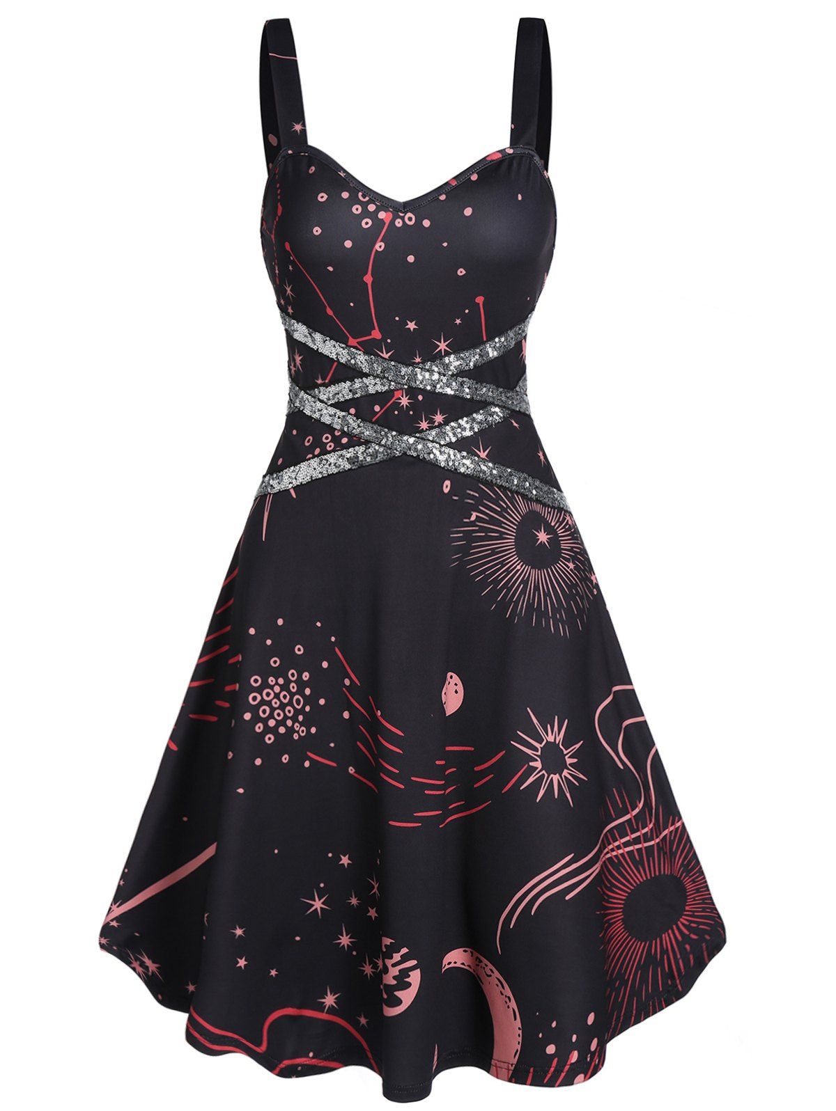 

Star Print Criss Cross Sequin Sweetheart Neck Dress, Black