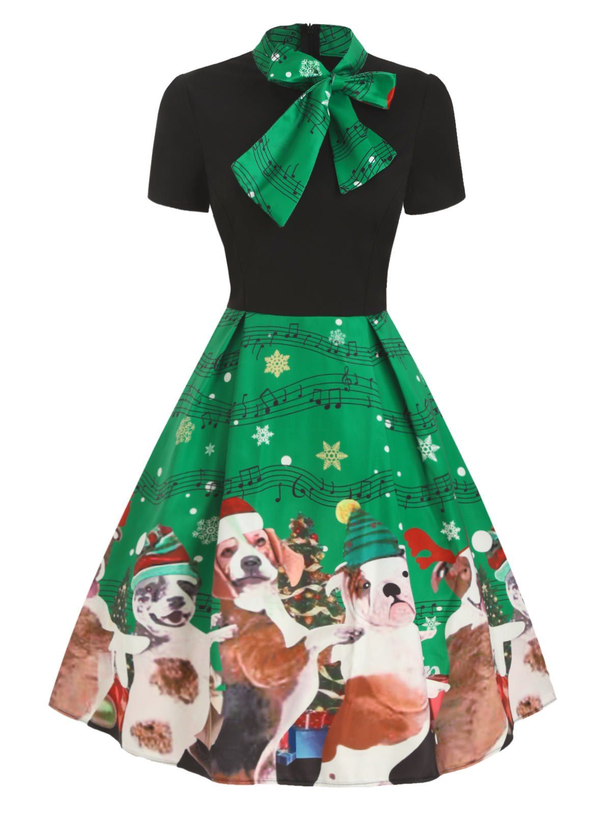 

Vintage Bow Tie Collar Short Sleeve Dress, Clover green