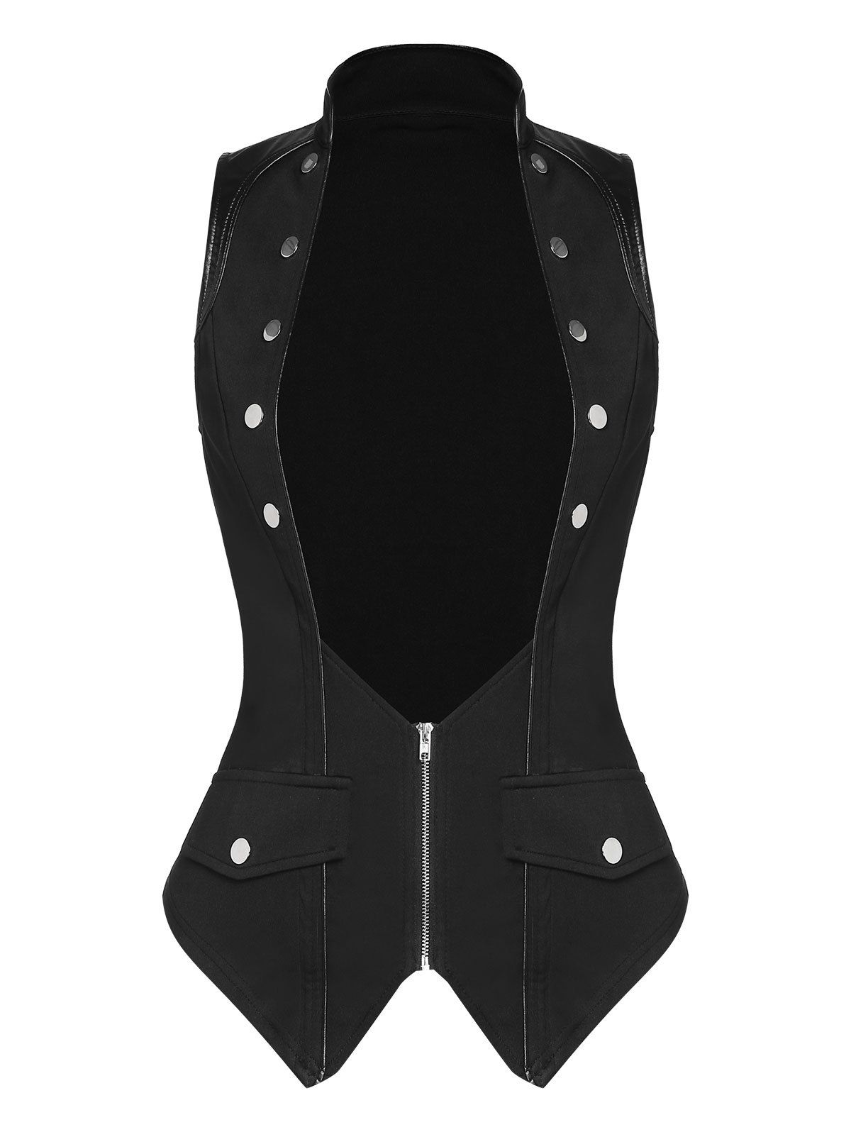 

Faux Leather Buckle Strap Mock Button Gothic Vest, Black