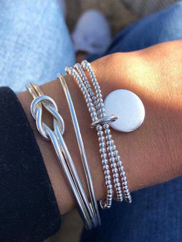 

3Pcs Glossy Knot Layers Bracelet Set, Silver