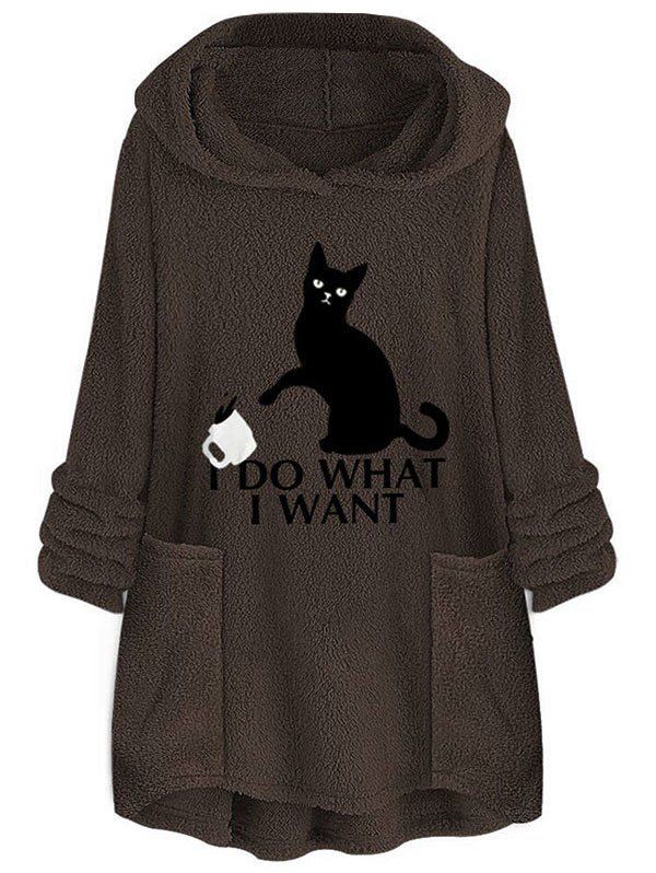 

Cat Letter Embroidered Plush Hoodie, Coffee
