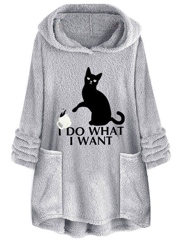 

Cat Letter Embroidered Plush Hoodie, Gray