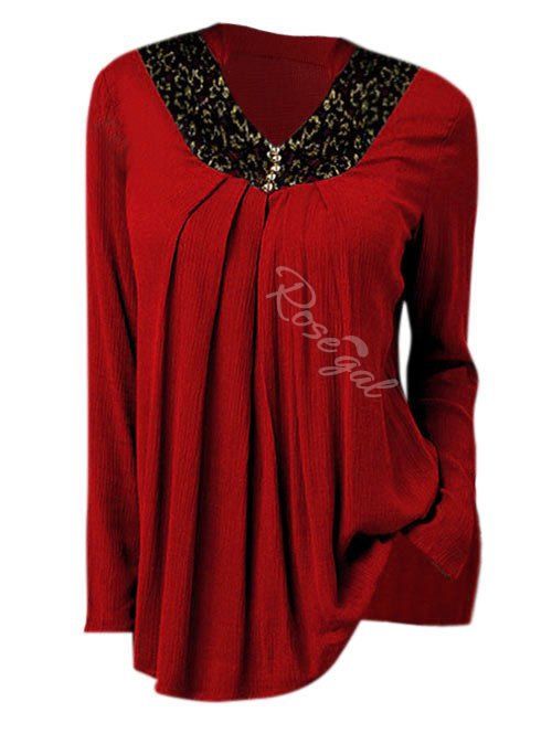 

Plus Size Lace Insert Tunic Peasant Blouse, Red wine