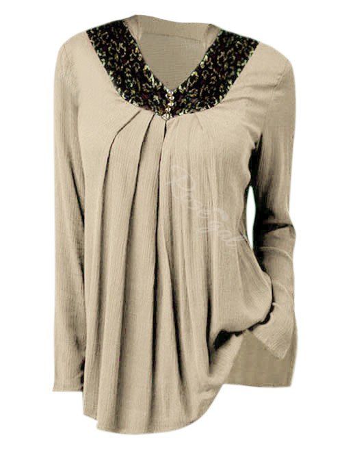 

Plus Size Lace Insert Tunic Peasant Blouse, Khaki