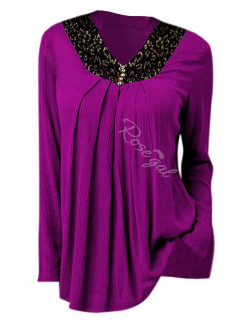 

Plus Size Lace Insert Tunic Peasant Blouse, Dark orchid