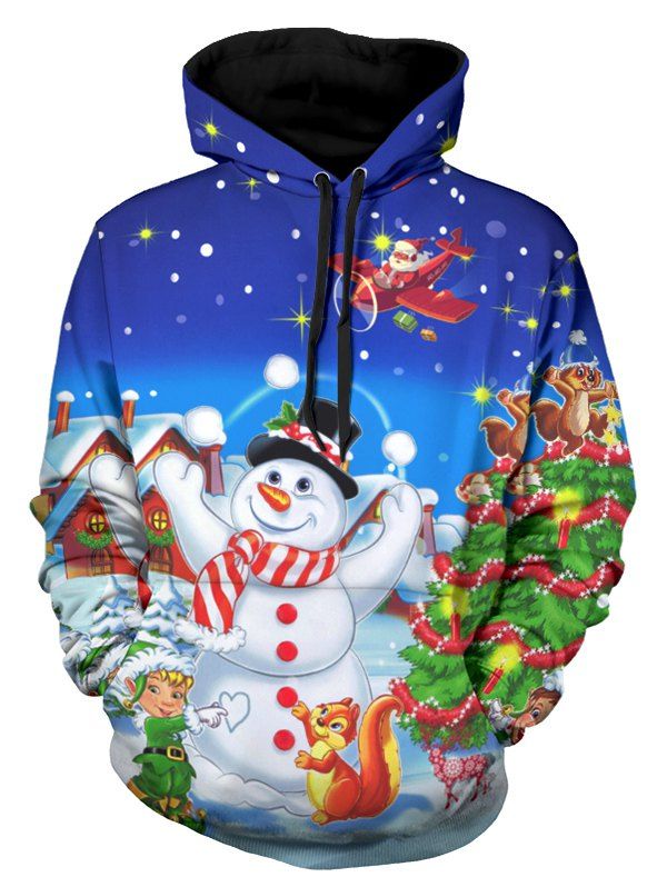 

Christmas Tree Snowman Santa Print Drawstring Hoodie, Multi