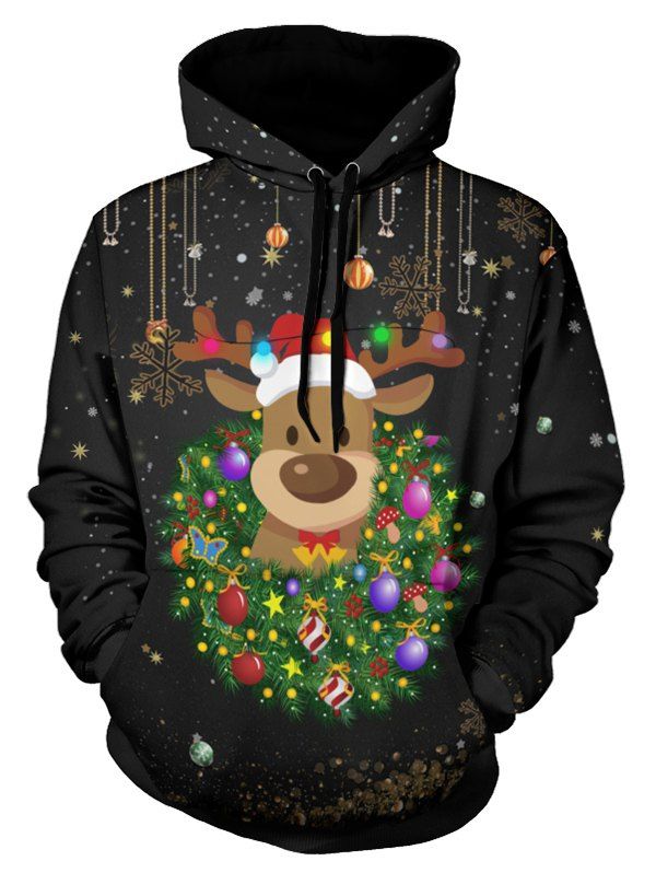 

Christmas Elk Snowflake Ball Print Drawstring Hoodie, Multi