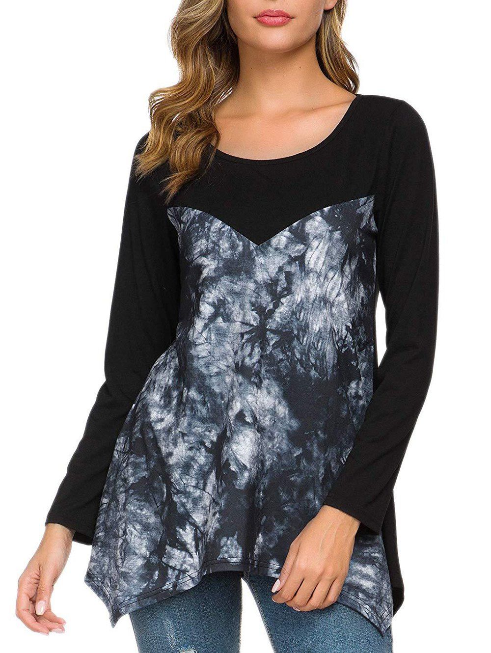 

Tie Dye Asymmetrical Long Sleeve Top, Black