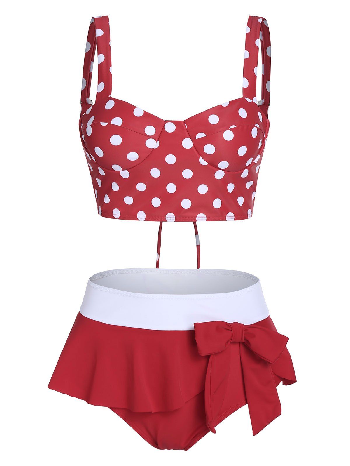 

Polka Dot Print Tie Back Bowknot Tankini Swimwear, Red