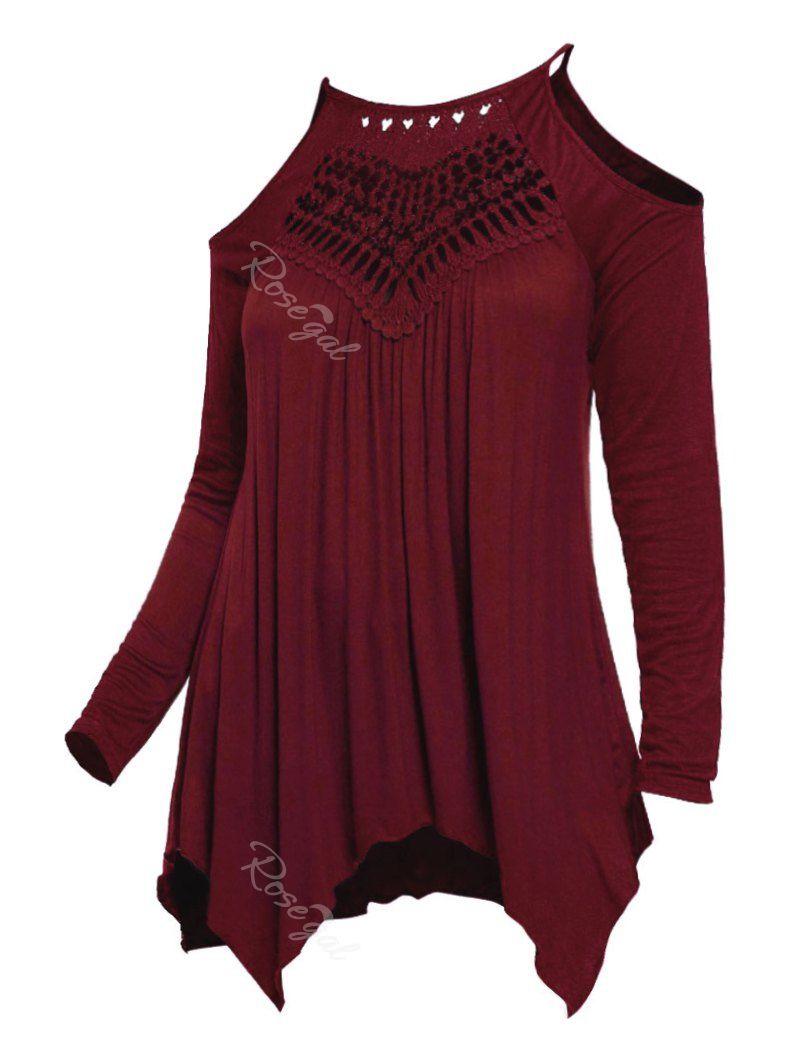 

Plus Size Open Shoulder Hanky Hem T Shirt, Red wine