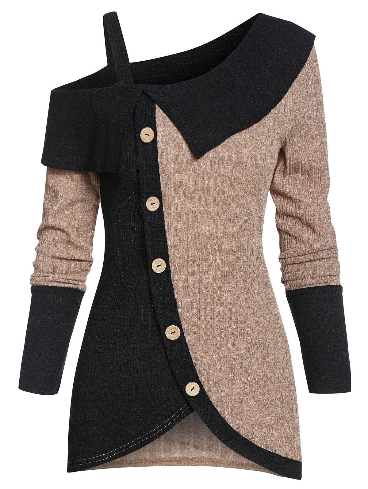 

Cold Shoulder Button Asymmetric Sweater, Khaki rose
