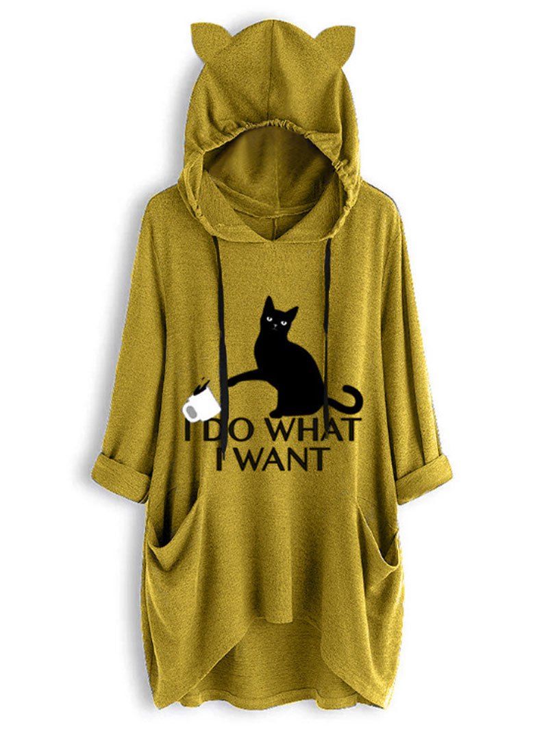 

Cat Graphic Heathered Knit Hoodie, Golden brown