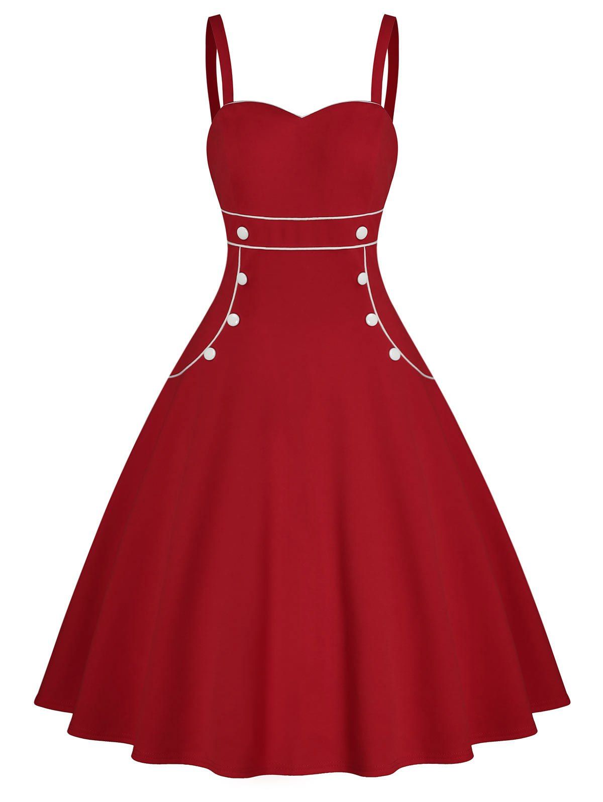 

Contrast Piping Button Embellished Sweetheart Dress, Red