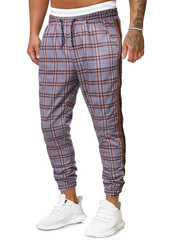 

Plaid Printed Drawstring Casual Jogger Pants, Dark khaki
