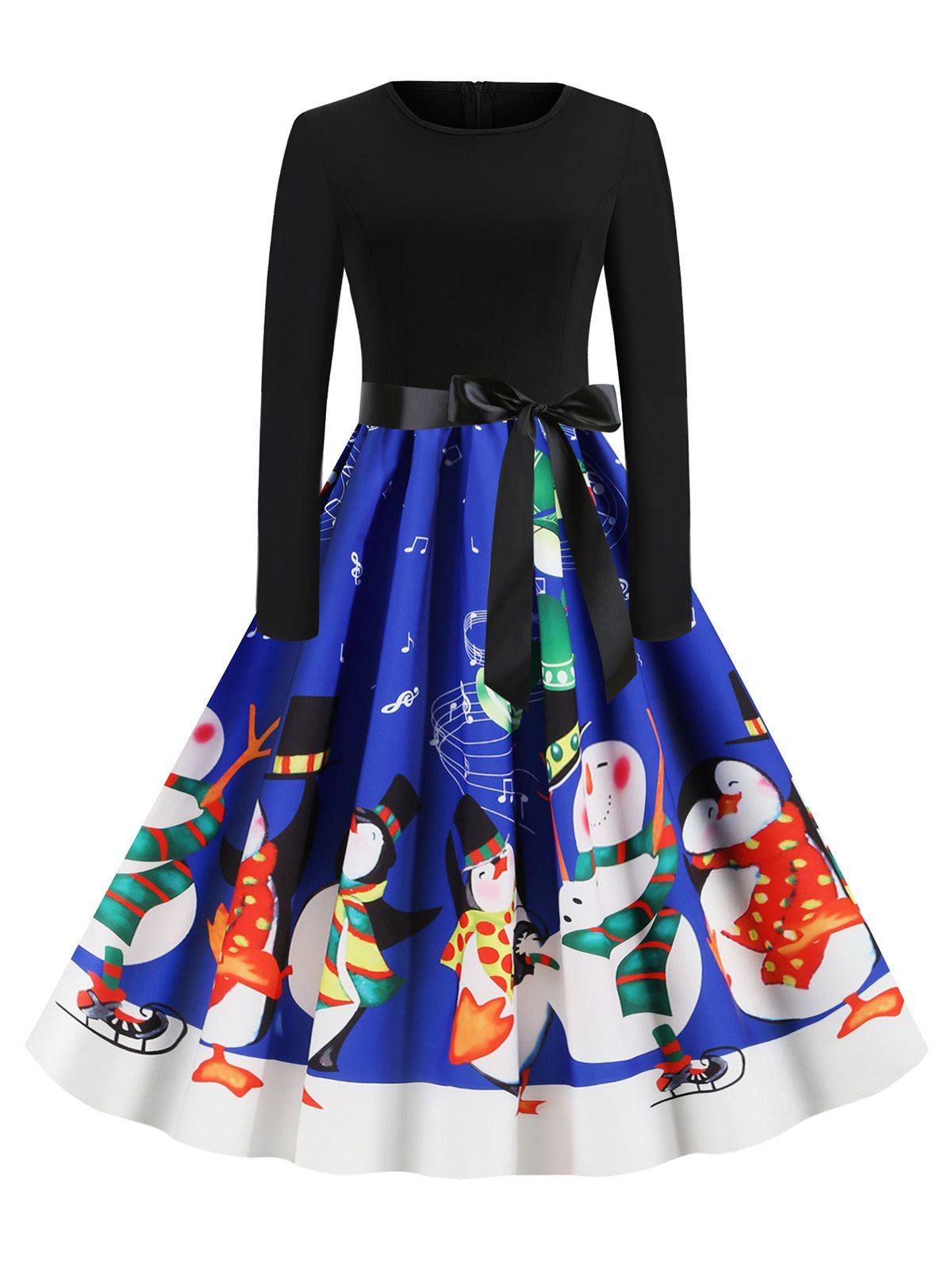 

Snowman Print Christmas Belted Long Sleeves Dress, Blue