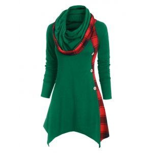 

Plaid Convertible Neck Button Embellished Asymmetrical T-shirt, Green