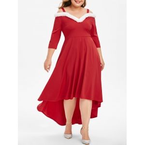 

Christmas Faux Fur Panel Cold Shoulder High Low Plus Size Dress, Red