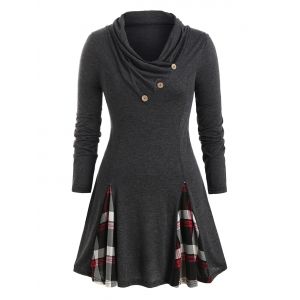 

Plus Size Plaid Cowl Neck Tunic T Shirt, Gray