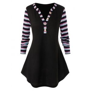 

Plus Size Rainbow Stripe Curved Tunic T Shirt, Black
