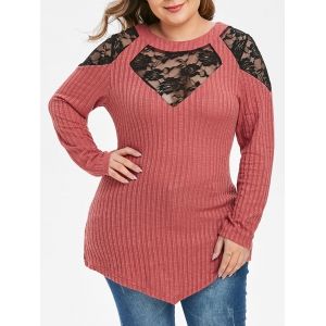 

Plus Size Floral Lace Ribbed Tunic Knitwear, Cherry red