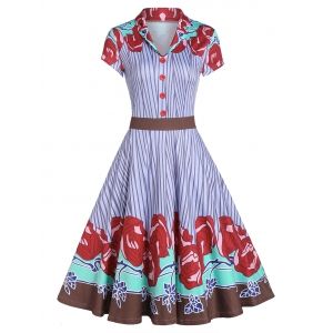 

Rose Pattern Striped Button A Line Dress, Multi a