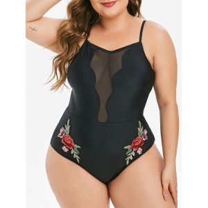 

Mesh Panel Floral Embroidered Plus Size One-piece Swimsuit, Black