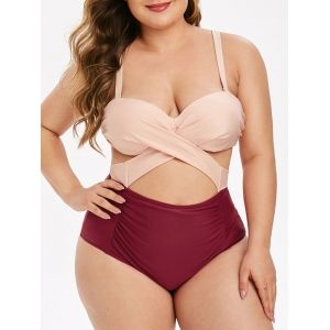 

Plus Size Twist Push Up Two Tone Cutout One-piece Swimsuit, Red wine